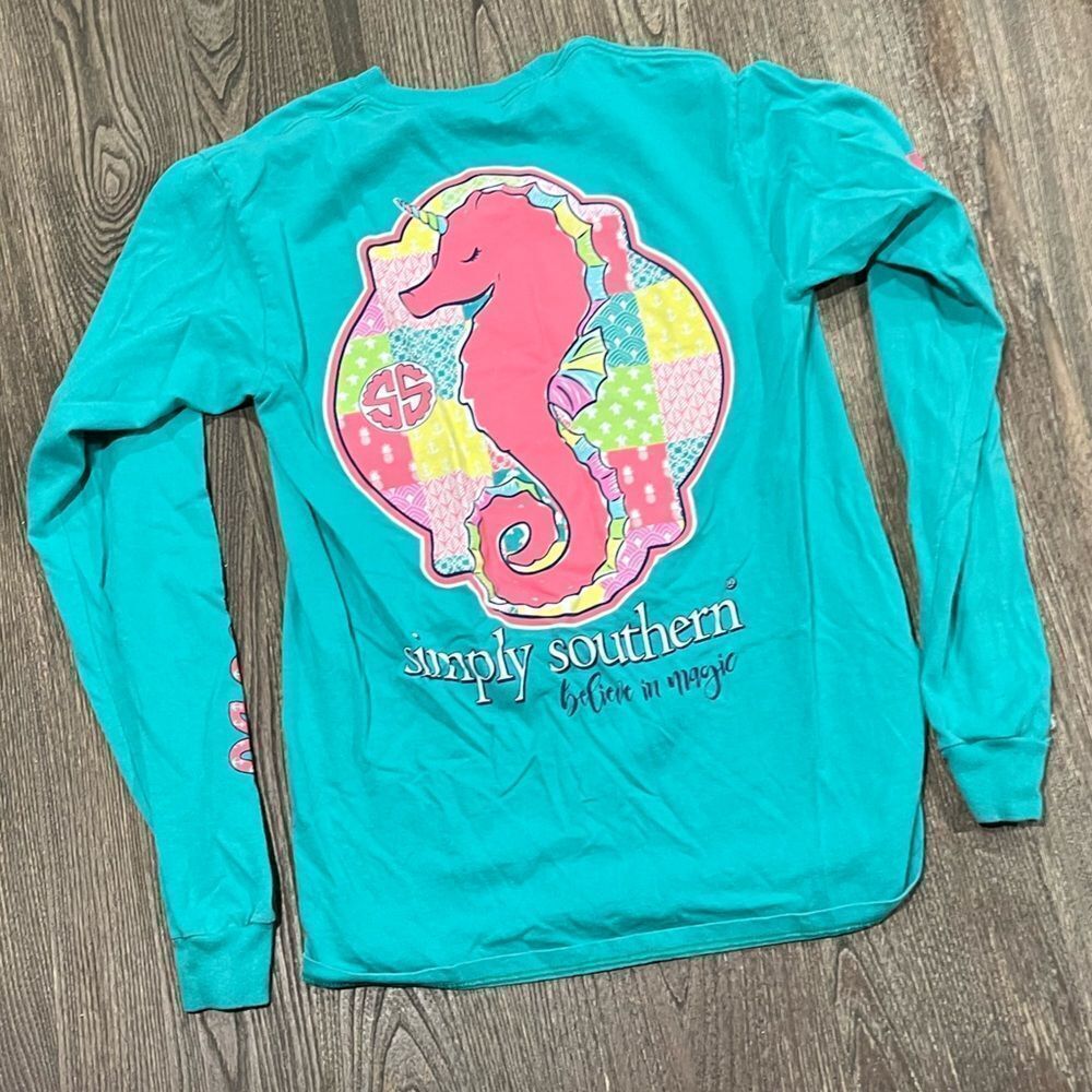 Simply Southern Tee Shirt Believe in Magic Seahorse Graphic Long Sleeve Blue S - Picture 4 of 5